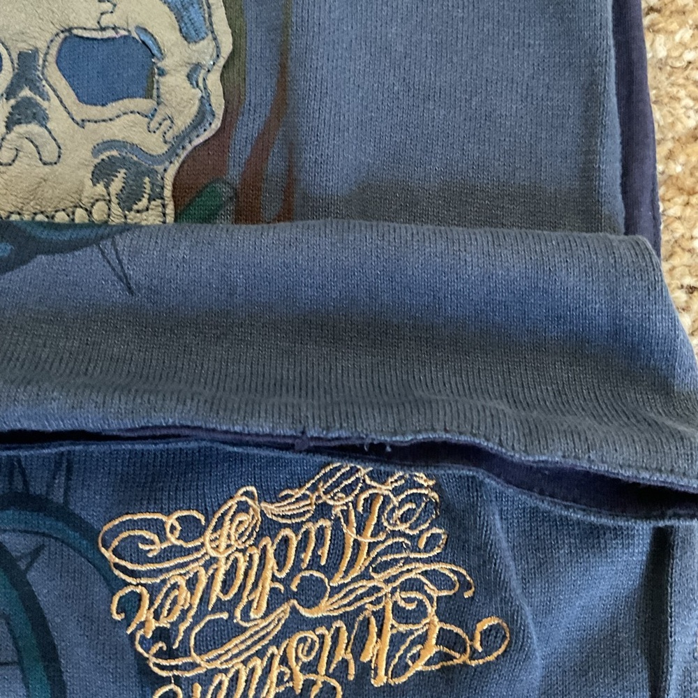 Christian Audigier Ed Hardy Navy Blue Skull Floral Embroidered Cotton Wrap - Picture 7 of 9